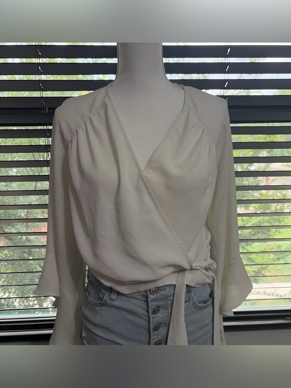Wrap-Front Cream Blouse with Side Tie